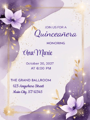 Elegant Purple Floral Invitation Quinceañera customizable template