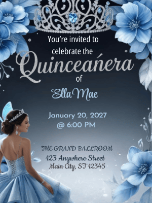 Elegant Princess Tiara Blue Floral Invitation Quinceañera customizable template