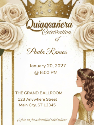 Princess Tiara Gold Floral Invitation Quinceañera customizable template
