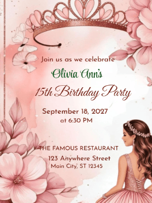 Elegant Princess Peach Pink Floral 15th Birthday Invitation customizable template
