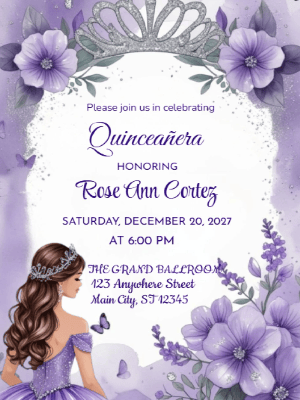 Princess Tiara Purple Floral Invitation Quinceañera customizable template
