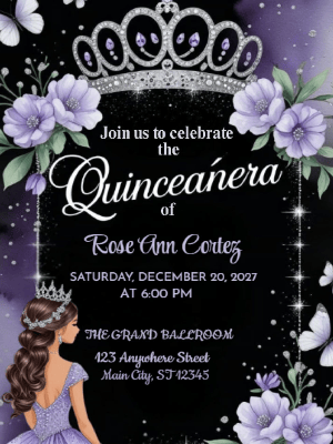 Elegant Princess Tiara Purple Floral Invitation Quinceañera customizable template