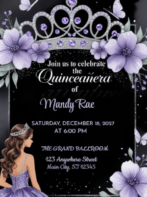 Elegant Princess Tiara Purple Floral Invitation Quinceañera customizable template