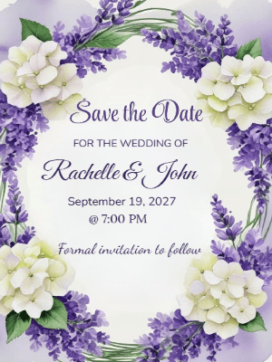 Elegant Modern Purple White Floral Wedding Save the date Invitation customizable template