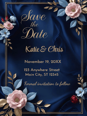 Elegant Blush and Blue Floral Wedding Save The Date Invitation customizable template