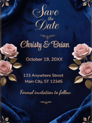 Elegant Blue Pink Floral Wedding Save The Date Invitation customizable template