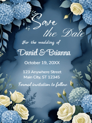 Elegant Hydrangea Blue and White Roses Floral Wedding Save The Date Invitation customizable template