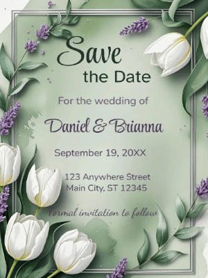 Elegant White and Purple Floral Wedding Save The Date Invitation customizable template