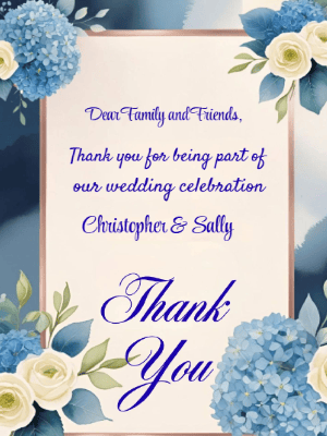 Elegant Modern Blue and White Floral Wedding Thank You Invitation customizable template