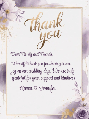 Elegant Purple and Gold Floral Wedding Thank You Invitation customizable template