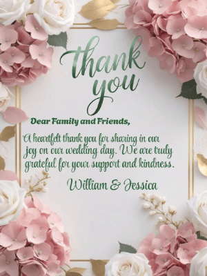 Elegant Modern Floral Pink Hydrangea Wedding Thank You Invitation customizable template