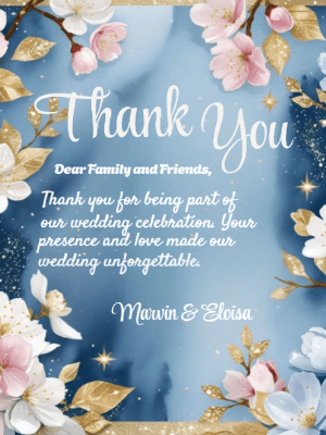 Elegant Modern Blue and Gold Floral Wedding Thank You Invitation customizable template