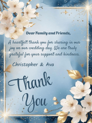 Elegant Modern Blue and Gold Floral Wedding Thank You Invitation customizable template