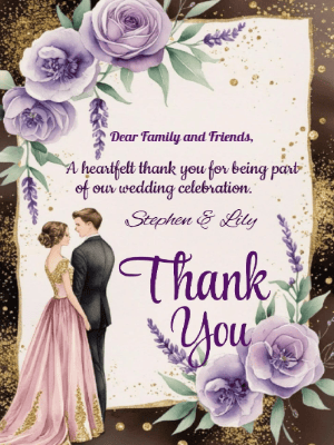 Elegant Modern Purple and Gold Floral Wedding Thank You Invitation customizable template