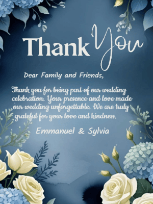 Elegant Modern Blue White Floral Wedding Thank You Invitation customizable template