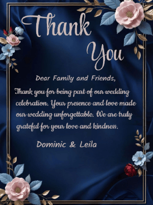 Elegant Modern Blue Gold Floral Wedding Thank You Invitation customizable template