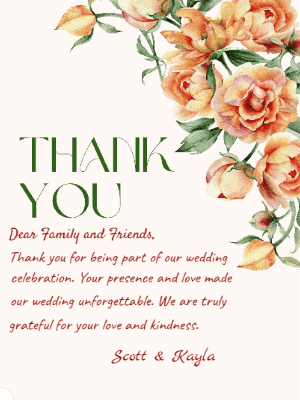 Elegant Modern Orange Floral Wedding Thank You Invitation customizable template