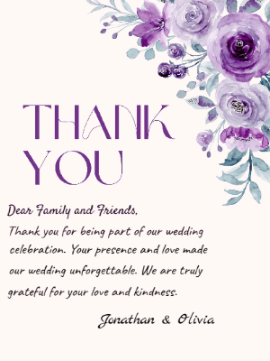 Elegant Modern Purple Floral Wedding Thank You Invitation customizable template