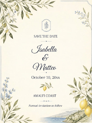 Italian Riviera Inspired Wedding Save the Date Invitation customizable template