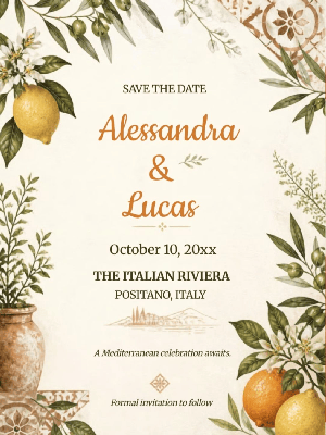 Italian Riviera Inspired Wedding Save the Date Invitation customizable template