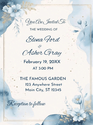 Elegant Blue Floral Wedding Invitation customizable template