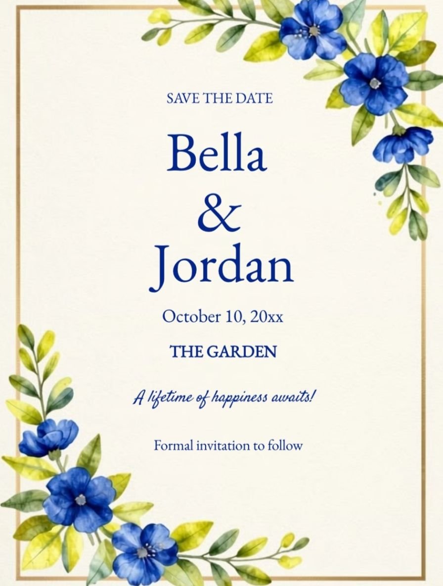 Chartreuse & Cobalt Blue Save the Date Invitation customizable template