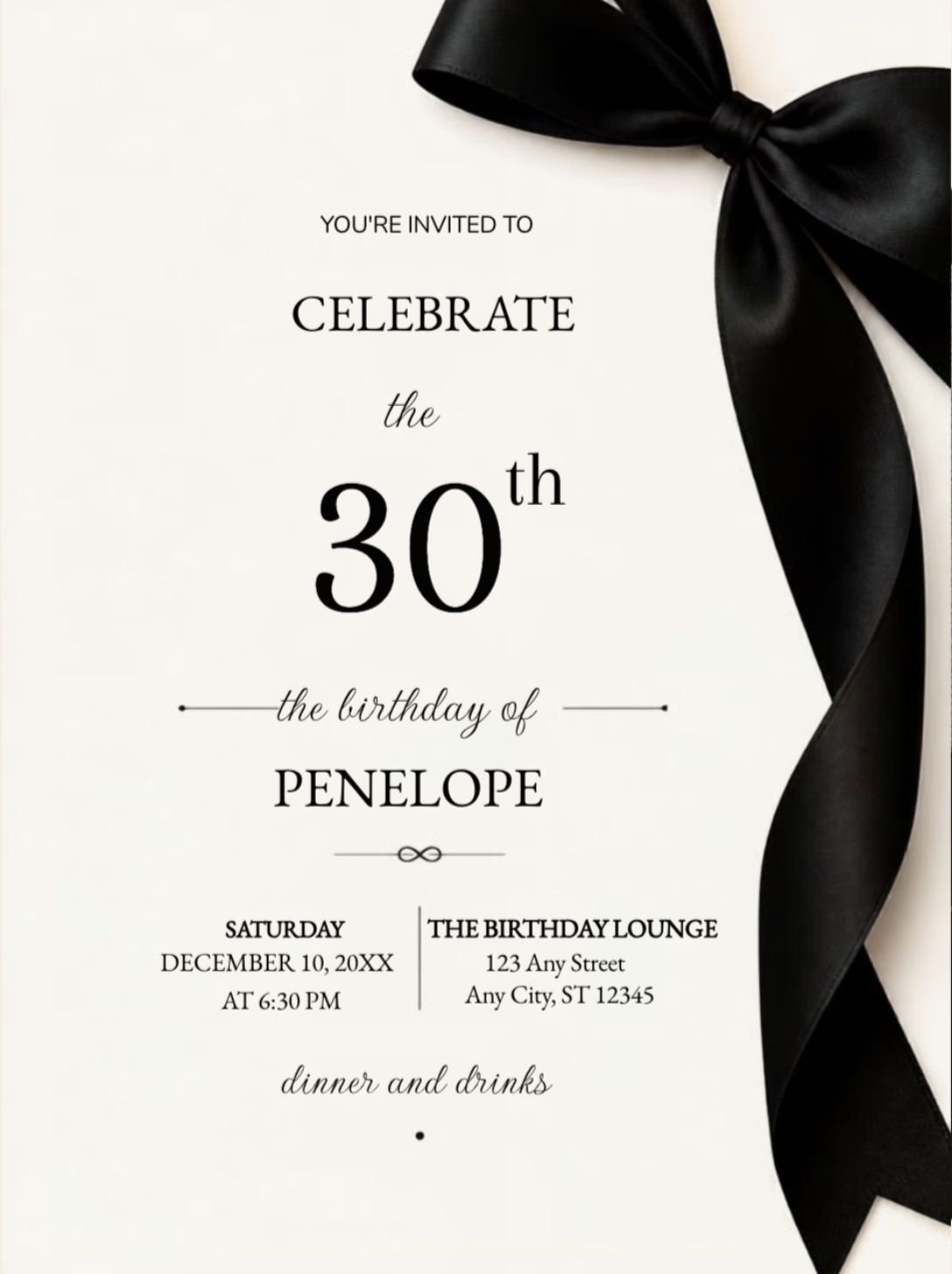Black Ribbon Adult Birthday Invitation customizable template