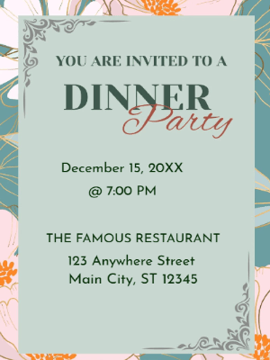 Elegant Green Pink Floral Dinner Party Invitation customizable template