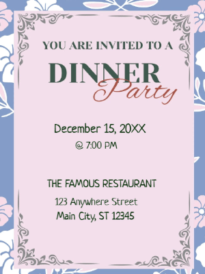 Elegant Blue Pink Floral Dinner Party Invitation customizable template
