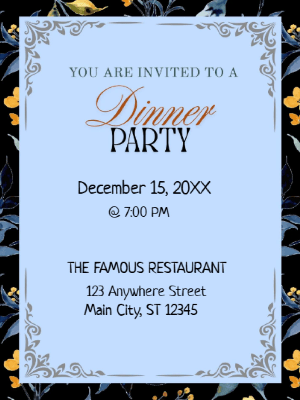 Elegant Blue Floral Dinner Party Invitation customizable template
