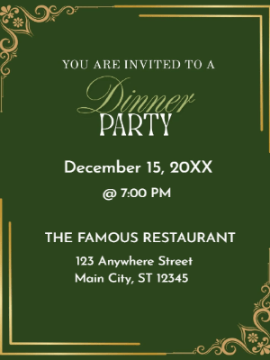 Minimalist Rustic Green and Gold Dinner Party Invitation customizable template