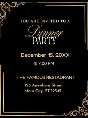 Minimalist Rustic Black and Gold Dinner Party Invitation customizable template