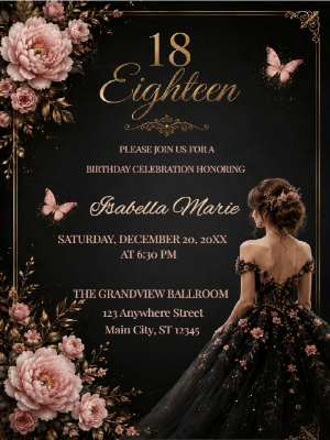 Elegant Princess Pink Black Floral 18th Birthday Invitation customizable template