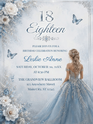 Elegant Princess White Icy Blue Floral 18th Birthday Invitation customizable template