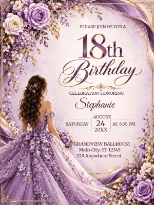 Elegant Princess Purple Floral 18th Birthday Invitation customizable template