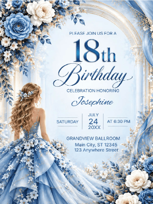 Elegant Blue White Floral 18th Birthday Invitation customizable template