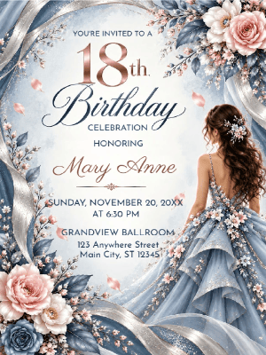 Elegant  Blue White Floral 18th Birthday Invitation customizable template
