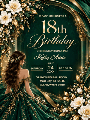 Elegant Emerald Gold Floral 18th Birthday Invitation customizable template