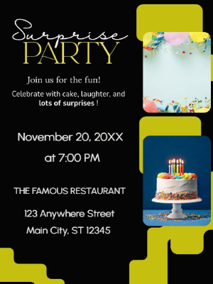 Black Yellow Surprise Party Invitation customizable template