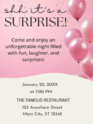 Pink Balloon Surprise Party Invitation customizable template