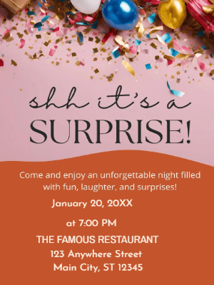 Pink Orange Balloon Surprise Party Invitation customizable template