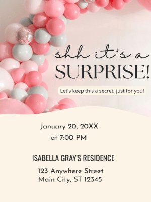 Pink Balloon Surprise Party Invitation customizable template