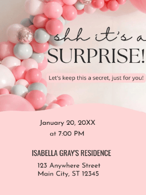 Pink Balloon Surprise Party Invitation customizable template