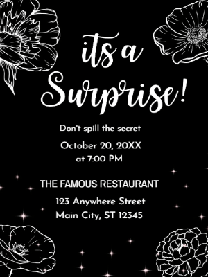 Black White Minimalist Floral Surprise Party Invitation customizable template