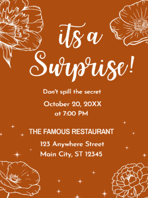 Orange White Minimalist Floral Surprise Party Invitation customizable template