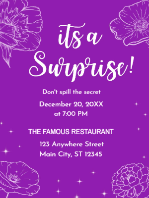 Purple  White Minimalist Floral Surprise Party Invitation customizable template