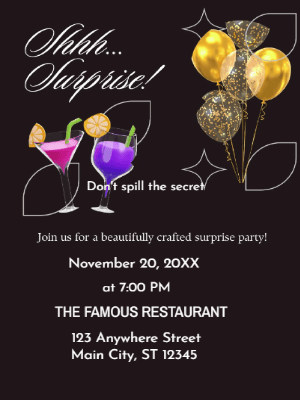 Black Gold Balloon Surprise Party Invitation customizable template