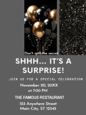 Black Gold Balloon Surprise Party Invitation customizable template