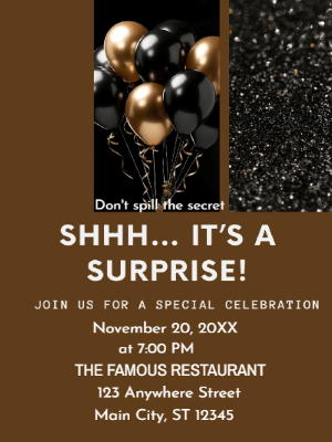 Black Brown Balloon Surprise Party Invitation customizable template