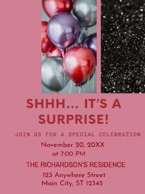Gray Red Balloon Surprise Party Invitation customizable template